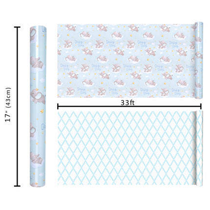 17" X 33' reversible wrapping paper: blue elephant blue quilted ideal for baby boy birthday gifts 