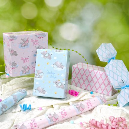 17"X33' reversible "Baby Girl" pink elephant/"Baby Boy" blue elephant wrapping paper (paired with quilted patterns) 