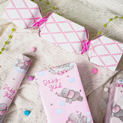 17"X33' reversible "Baby Girl" pink elephant/quilted wrapping paper (wrapped gifts + decor) for baby girl shower packaging