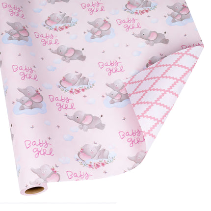 17" X 33' pink quilted reversible wrapping paper pink elephant print fits baby girl gift wrap  