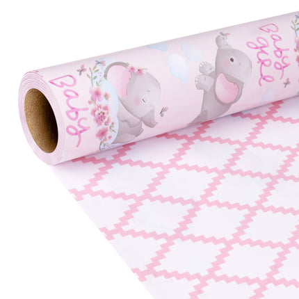 17" X 33' reversible wrapping paper: pink elephant pink quilted ideal for baby girl birthday gifts 