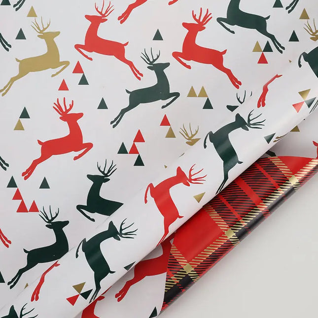 24" x 16' Reversible Holiday Wrapping Paper, Reindeer & Plaid Design, for Christmas gifting