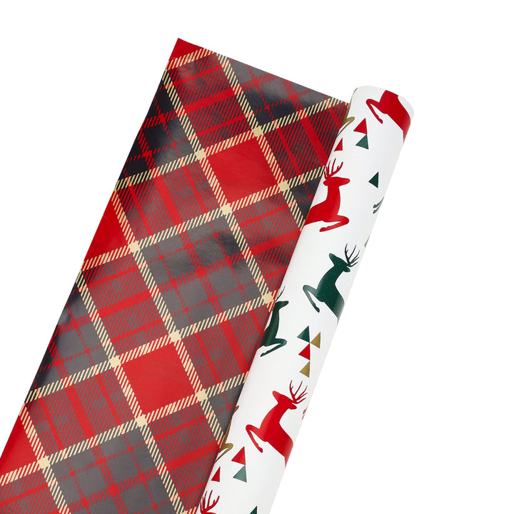 24" x 16' Reversible Holiday Wrapping Paper | Prancing Deer/Plaid