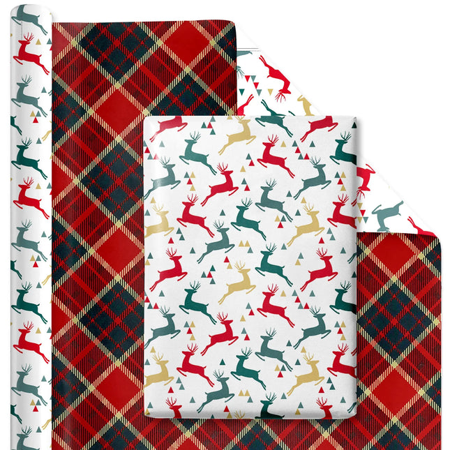 24" x 16' Reversible Christmas Wrapping Paper, Festive Reindeer Print on One Side, Plaid on Reverse
