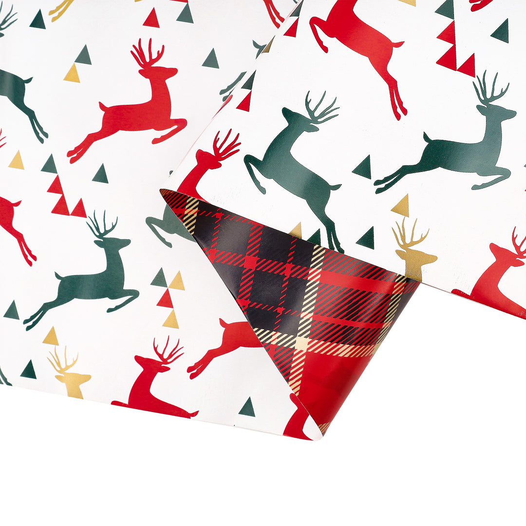 24" x 16' Reversible Holiday Wrapping Paper | Prancing Deer/Plaid