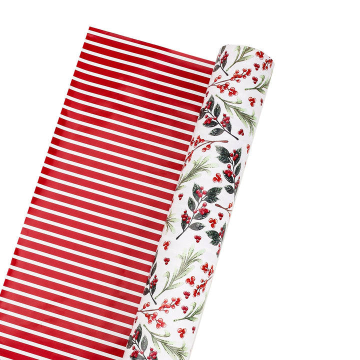 24" x 417' Holiday Reversible Wrapping Paper Half Ream | Greens and Berries/Red and White Stripe