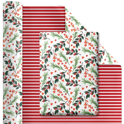 24" x 417' Holiday Reversible Wrapping Paper Half Ream | Greens and Berries/Red and White Stripe LaRibbons and Crafts