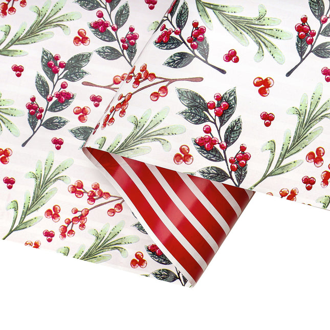 24" x 417' Holiday Reversible Wrapping Paper Half Ream | Greens and Berries/Red and White Stripe LaRibbons and Crafts