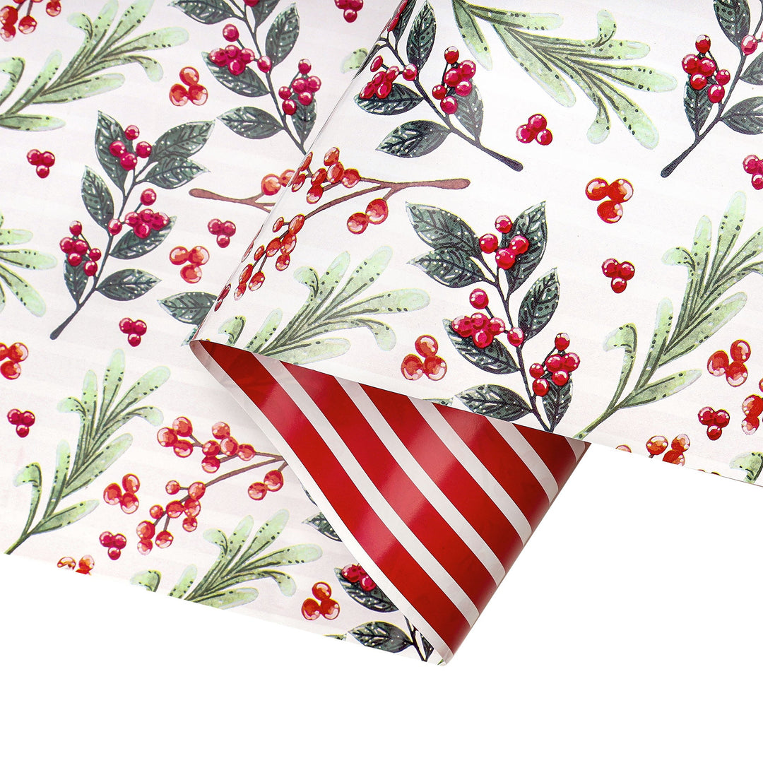 24" x 417' Holiday Reversible Wrapping Paper Half Ream | Greens and Berries/Red and White Stripe