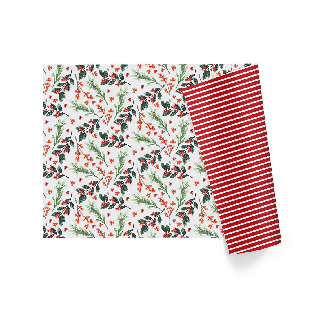 24" x 417' Holiday Reversible Wrapping Paper Half Ream | Greens and Berries/Red and White Stripe