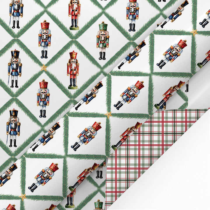 24" x 417' Reversible Holiday Wrapping Paper Half Ream | Norfolk Pine Nutcracker/Small Red and Green Plaid - LaRibbons and Crafts