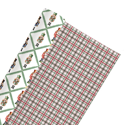 24" x 417' Reversible Holiday Wrapping Paper Half Ream | Norfolk Pine Nutcracker/Small Red and Green Plaid - LaRibbons and Crafts