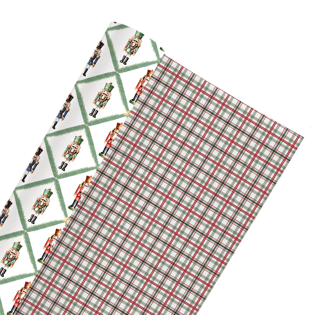 24" x 417' Reversible Holiday Wrapping Paper Half Ream | Norfolk Pine Nutcracker/Small Red and Green Plaid - LaRibbons and Crafts