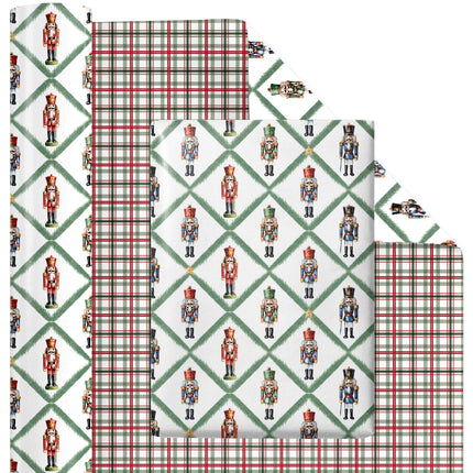 24" x 417' Reversible Holiday Wrapping Paper Half Ream | Norfolk Pine Nutcracker/Small Red and Green Plaid - LaRibbons and Crafts