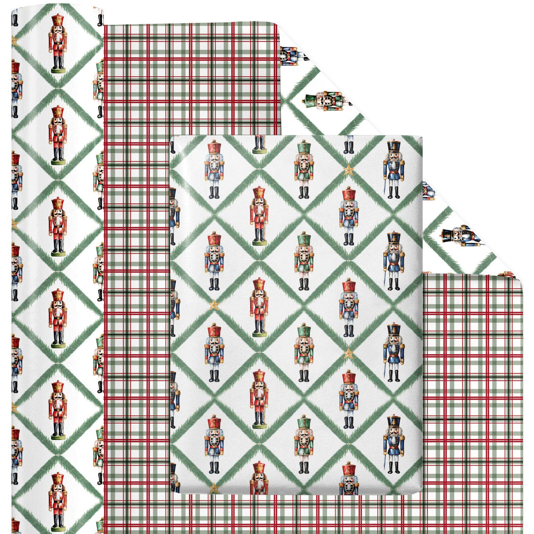 24" x 417' Reversible Holiday Wrapping Paper Half Ream | Norfolk Pine Nutcracker/Small Red and Green Plaid - LaRibbons and Crafts