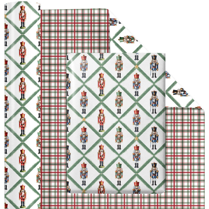 24" x 417' Reversible Holiday Wrapping Paper Half Ream | Norfolk Pine Nutcracker/Small Red and Green Plaid - LaRibbons and Crafts