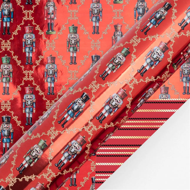 24" x 417' Reversible Holiday Wrapping Paper Half Ream | Ruby Nutcracker/Black and Gold Stripe