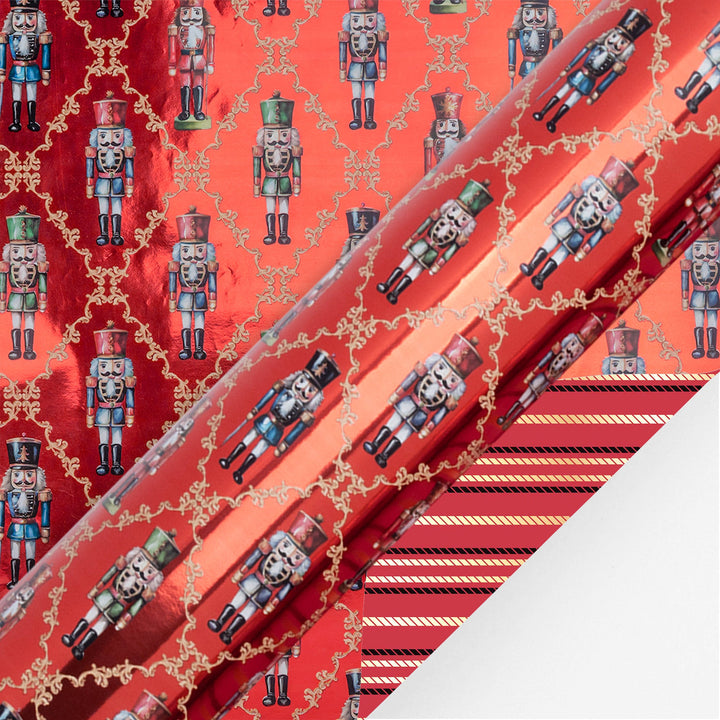 24" x 417' Reversible Holiday Wrapping Paper Half Ream | Ruby Nutcracker/Black and Gold Stripe