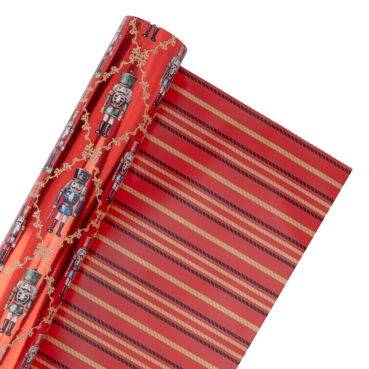 24" x 417' Reversible Holiday Wrapping Paper Half Ream | Ruby Nutcracker/Black and Gold Stripe
