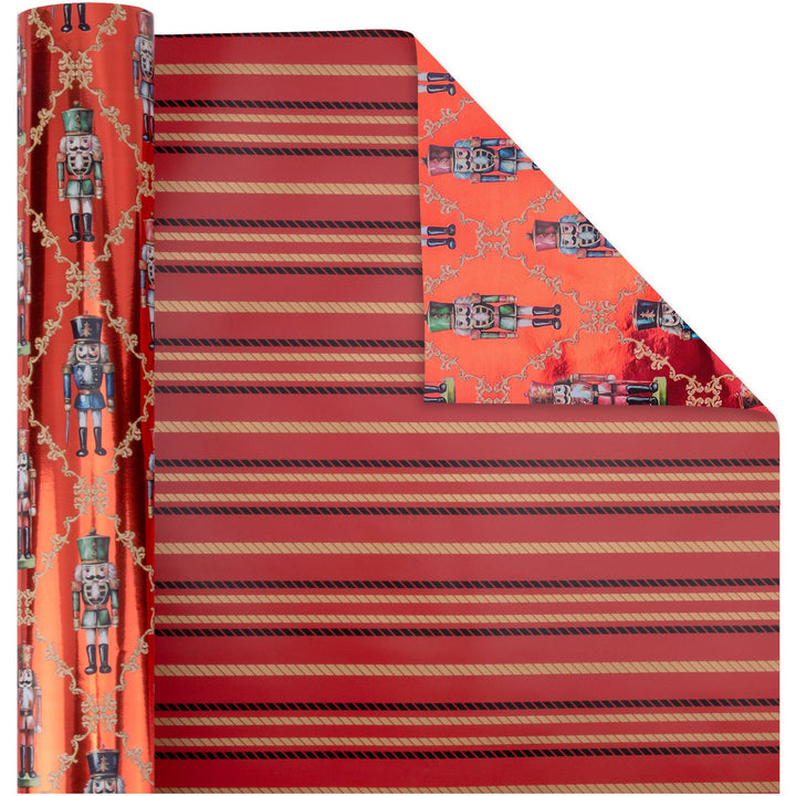 24" x 417' Reversible Holiday Wrapping Paper Half Ream | Ruby Nutcracker/Black and Gold Stripe