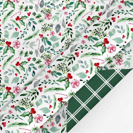 24" x 417' Reversible Holiday Wrapping Paper Half Ream | Watercolor Holly/Green and White Lattice LaRibbons and Crafts