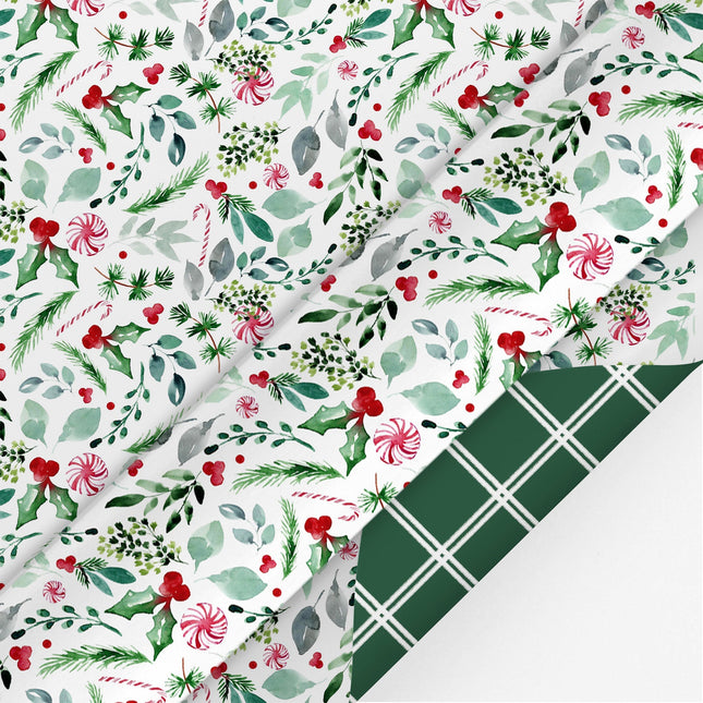 24" x 417' Reversible Holiday Wrapping Paper Half Ream | Watercolor Holly/Green and White Lattice LaRibbons and Crafts