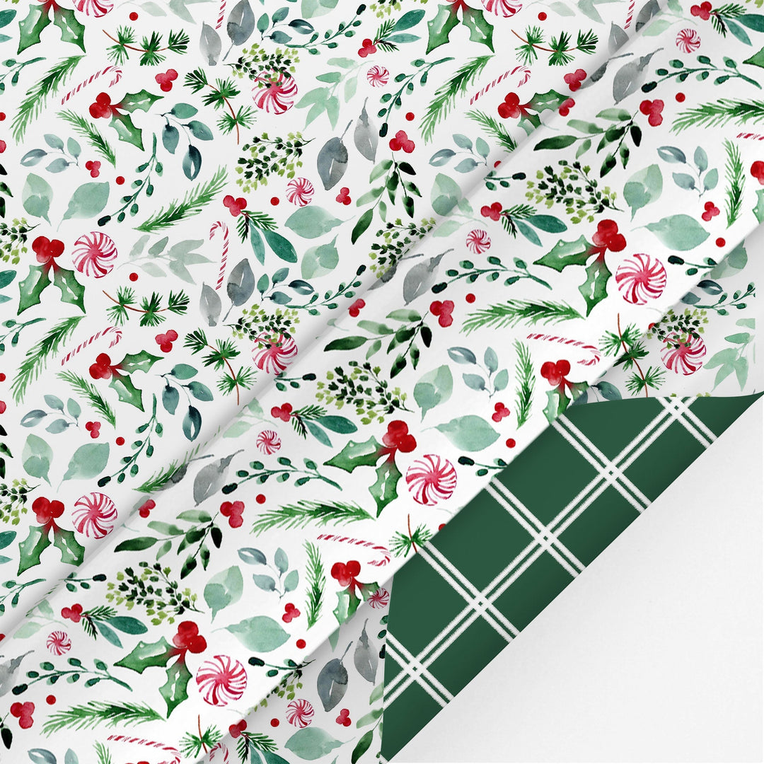24" x 417' Reversible Holiday Wrapping Paper Half Ream | Watercolor Holly/Green and White Lattice LaRibbons and Crafts