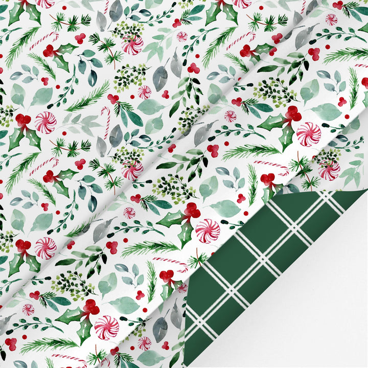 24" x 417' Reversible Holiday Wrapping Paper Half Ream | Watercolor Holly/Green and White Lattice LaRibbons and Crafts