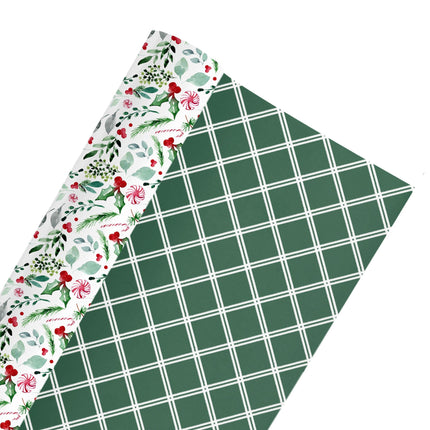 24" x 417' Reversible Holiday Wrapping Paper Half Ream | Watercolor Holly/Green and White Lattice LaRibbons and Crafts