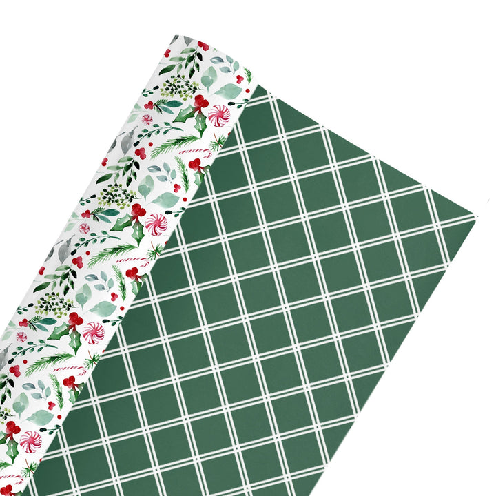24" x 417' Reversible Holiday Wrapping Paper Half Ream | Watercolor Holly/Green and White Lattice LaRibbons and Crafts