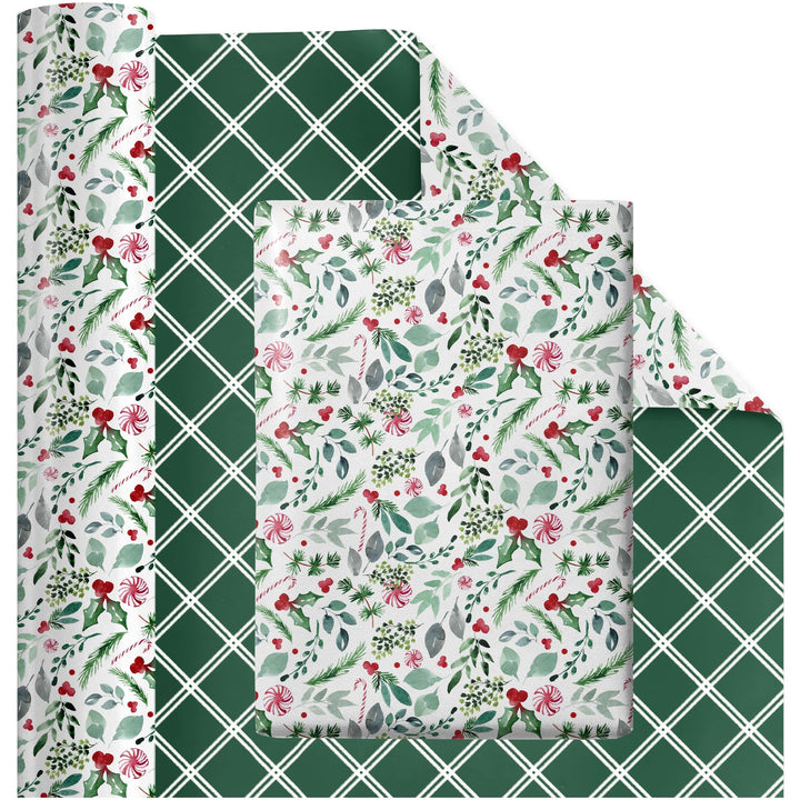 24" x 417' Reversible Holiday Wrapping Paper Half Ream | Watercolor Holly/Green and White Lattice LaRibbons and Crafts