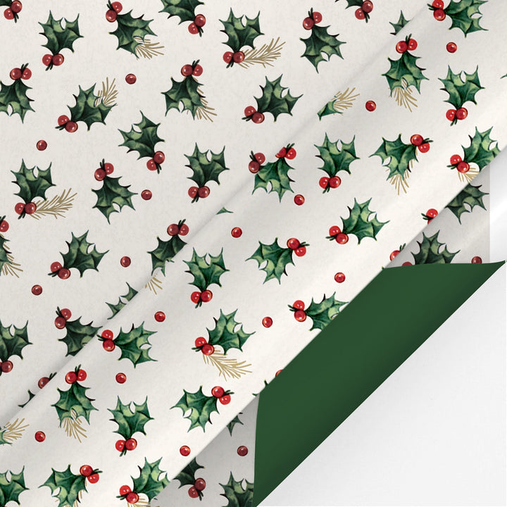 24" x 417' Reversible Holiday Wrapping Paper Half Ream | Vintage Holly/Green Metallic Solids LaRibbons and Crafts