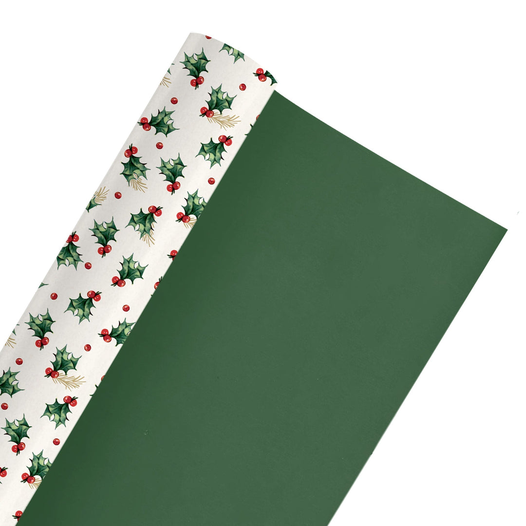 24" x 417' Reversible Holiday Wrapping Paper Half Ream | Vintage Holly/Green Metallic Solids LaRibbons and Crafts