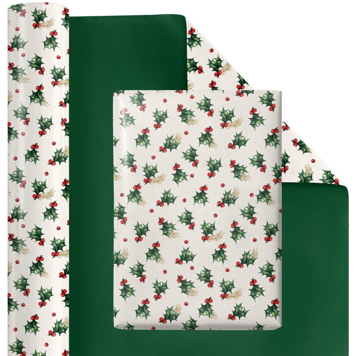 24" x 417' Reversible Holiday Wrapping Paper Half Ream | Vintage Holly/Green Metallic Solids LaRibbons and Crafts