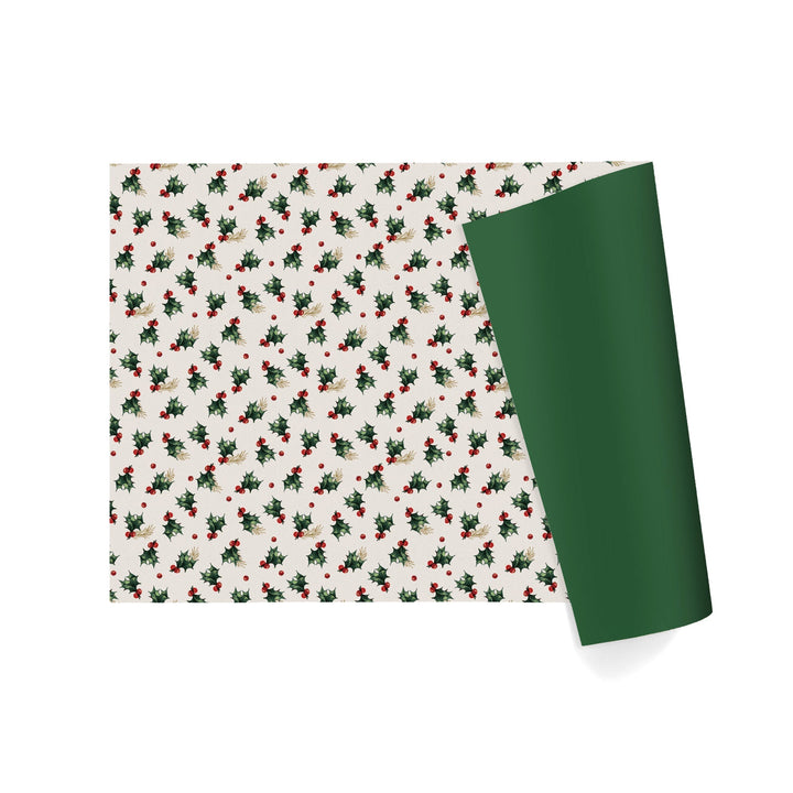 24" x 417' Reversible Holiday Wrapping Paper Half Ream | Vintage Holly/Green Metallic Solids LaRibbons and Crafts