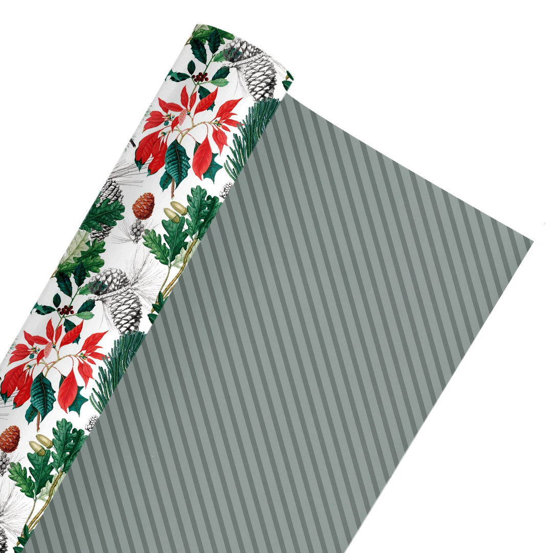 24" x 417' Reversible Holiday Wrapping Paper Half Ream | Holiday Botanical/Green Tone on Tone Diagonal Stripe LaRibbons and Crafts
