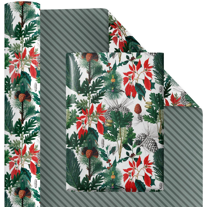 24" x 417' Reversible Holiday Wrapping Paper Half Ream | Holiday Botanical/Green Tone on Tone Diagonal Stripe LaRibbons and Crafts