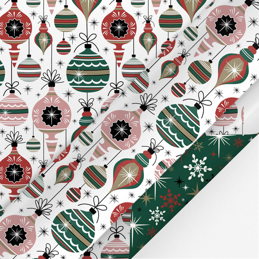 24" x 417" Reversible Holiday Wrapping Paper Half Ream | Retro Ornaments/Retro Snowflakes and Stars LaRibbons and Crafts