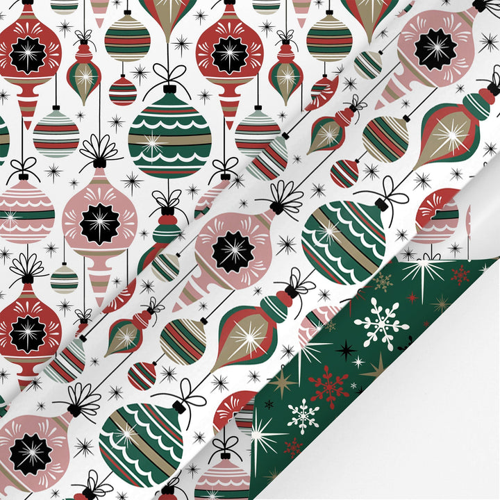 24" x 417" Reversible Holiday Wrapping Paper Half Ream | Retro Ornaments/Retro Snowflakes and Stars LaRibbons and Crafts