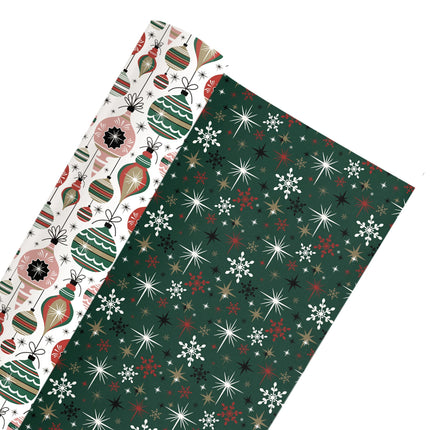 24" x 417" Reversible Holiday Wrapping Paper Half Ream | Retro Ornaments/Retro Snowflakes and Stars LaRibbons and Crafts