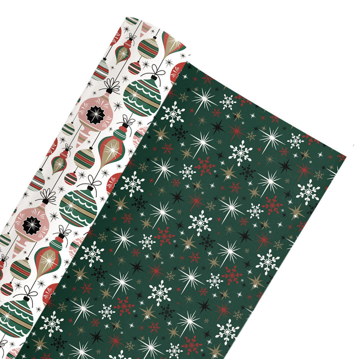 24" x 417" Reversible Holiday Wrapping Paper Half Ream | Retro Ornaments/Retro Snowflakes and Stars LaRibbons and Crafts