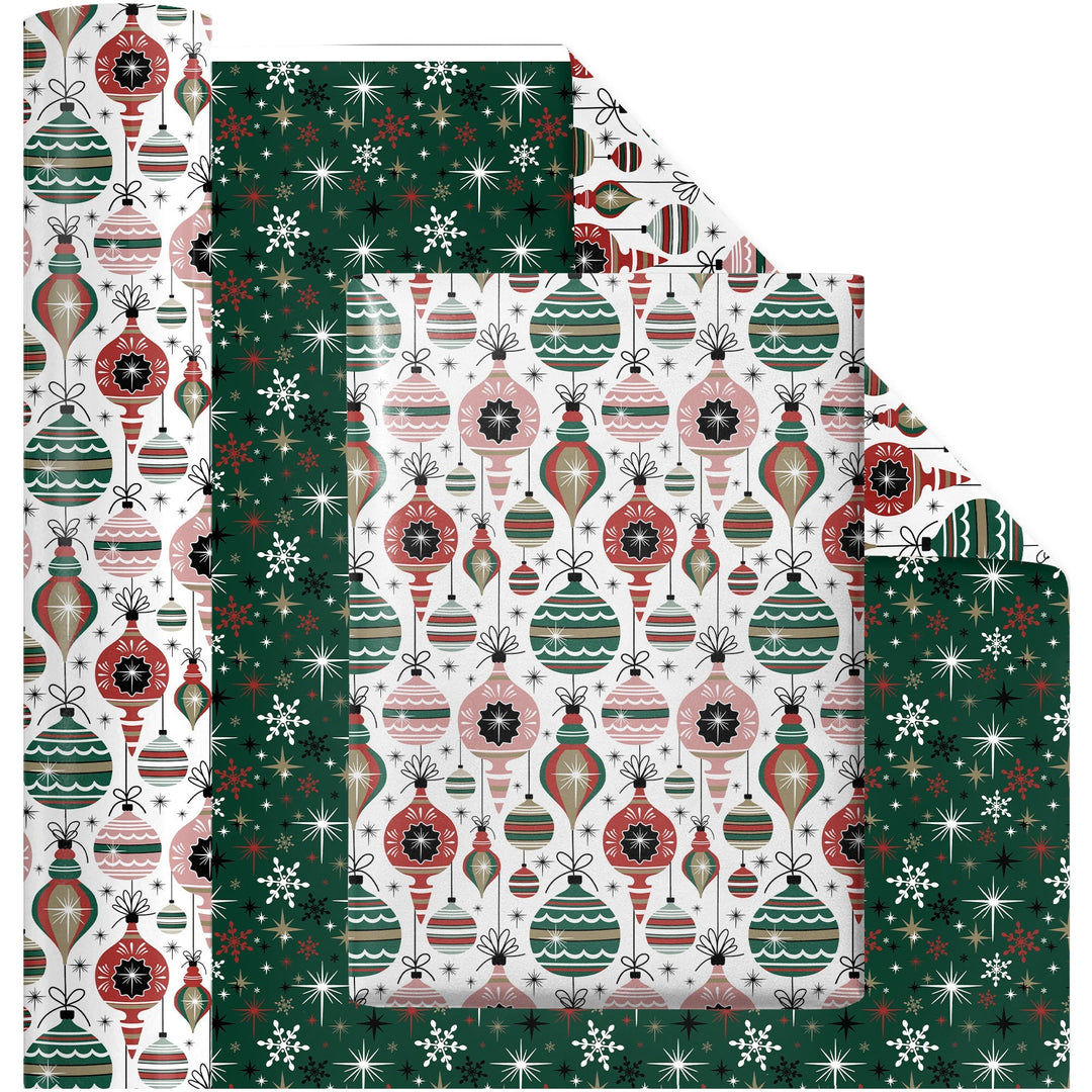 24" x 417" Reversible Holiday Wrapping Paper Half Ream | Retro Ornaments/Retro Snowflakes and Stars LaRibbons and Crafts