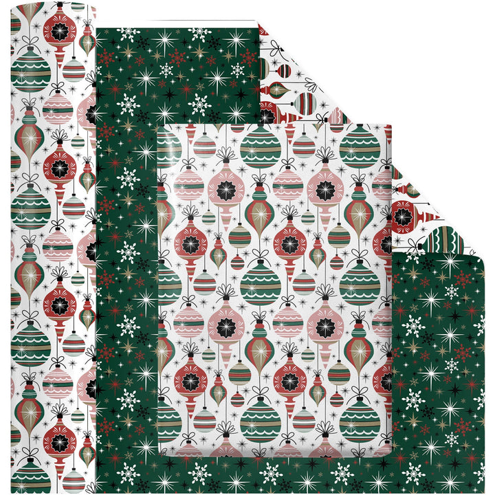 24" x 417" Reversible Holiday Wrapping Paper Half Ream | Retro Ornaments/Retro Snowflakes and Stars LaRibbons and Crafts
