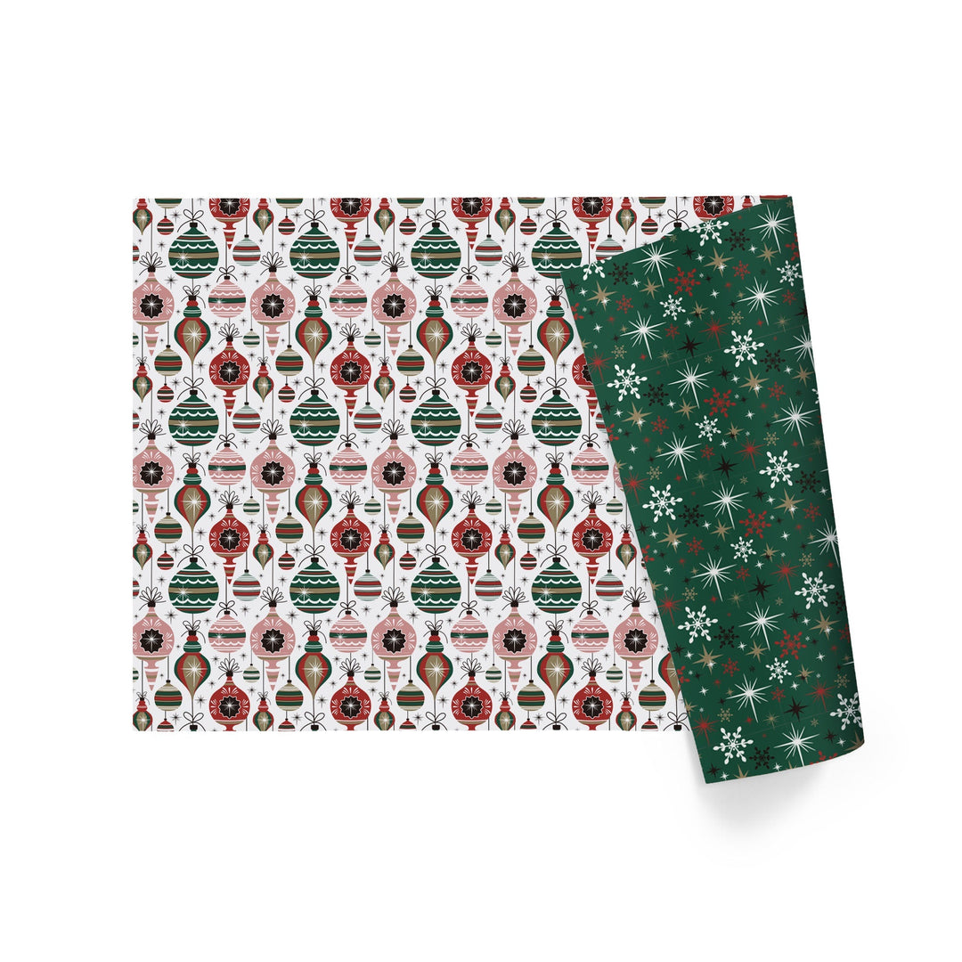 24" x 417" Reversible Holiday Wrapping Paper Half Ream | Retro Ornaments/Retro Snowflakes and Stars LaRibbons and Crafts