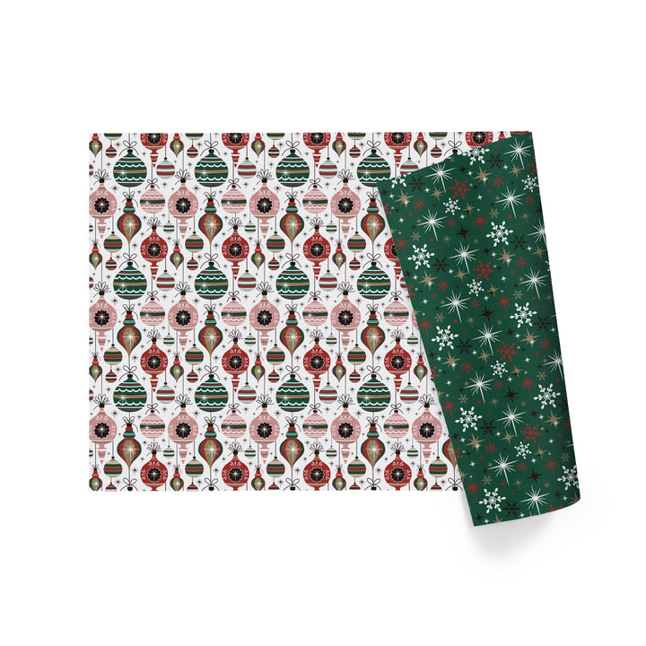 24" x 417" Reversible Holiday Wrapping Paper Half Ream | Retro Ornaments/Retro Snowflakes and Stars LaRibbons and Crafts
