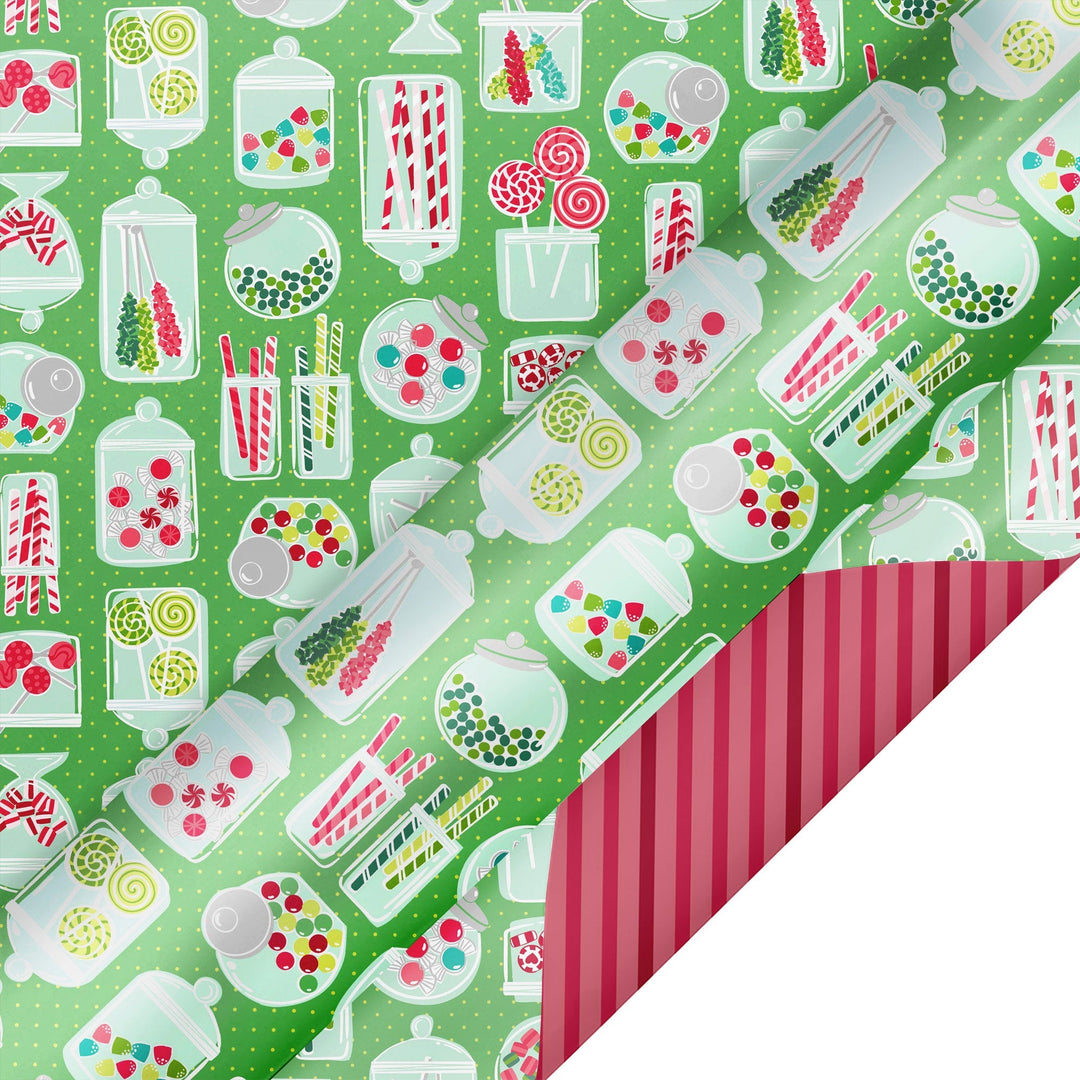 24" x 417' Reversible Holiday Wrapping Paper Half Ream | Sweet Treats/Pink and Red Diagonal Stripes LaRibbons and Crafts