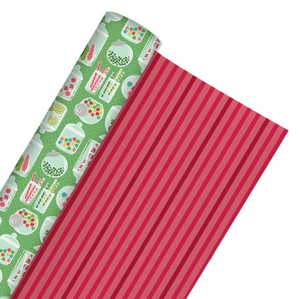 24" x 417' Reversible Holiday Wrapping Paper Half Ream | Sweet Treats/Pink and Red Diagonal Stripes LaRibbons and Crafts