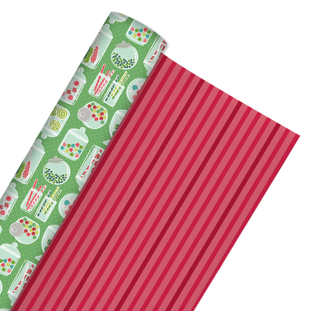 24" x 417' Reversible Holiday Wrapping Paper Half Ream | Sweet Treats/Pink and Red Diagonal Stripes LaRibbons and Crafts