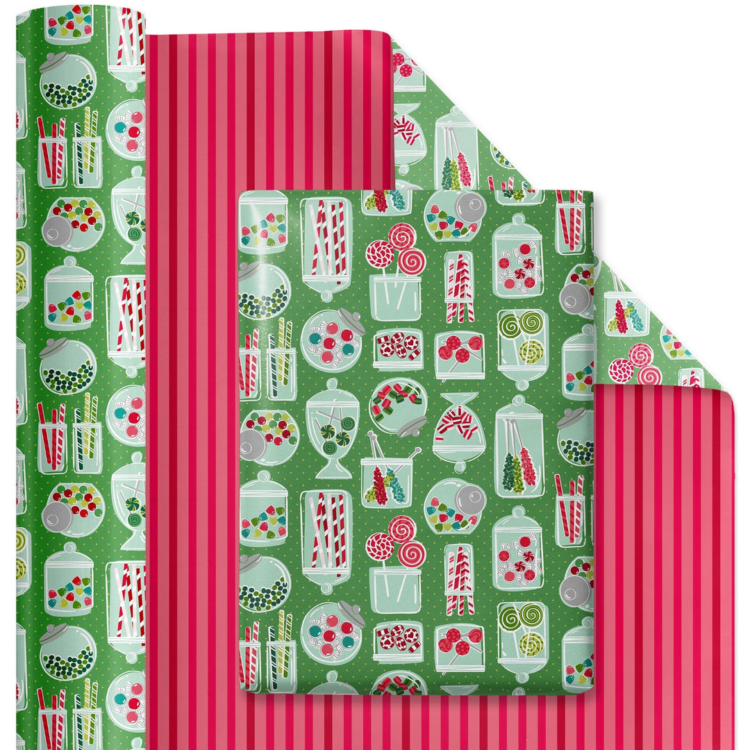 24" x 417' Reversible Holiday Wrapping Paper Half Ream | Sweet Treats/Pink and Red Diagonal Stripes LaRibbons and Crafts