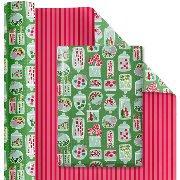 24" x 417' Reversible Holiday Wrapping Paper Half Ream | Sweet Treats/Pink and Red Diagonal Stripes LaRibbons and Crafts